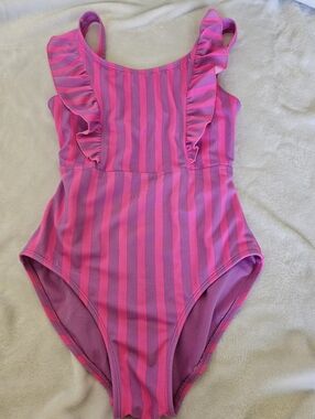 Cat & Jack | Pink and Purple | Striped Ruffle Swimsuit | Large | 10-12 | Summer